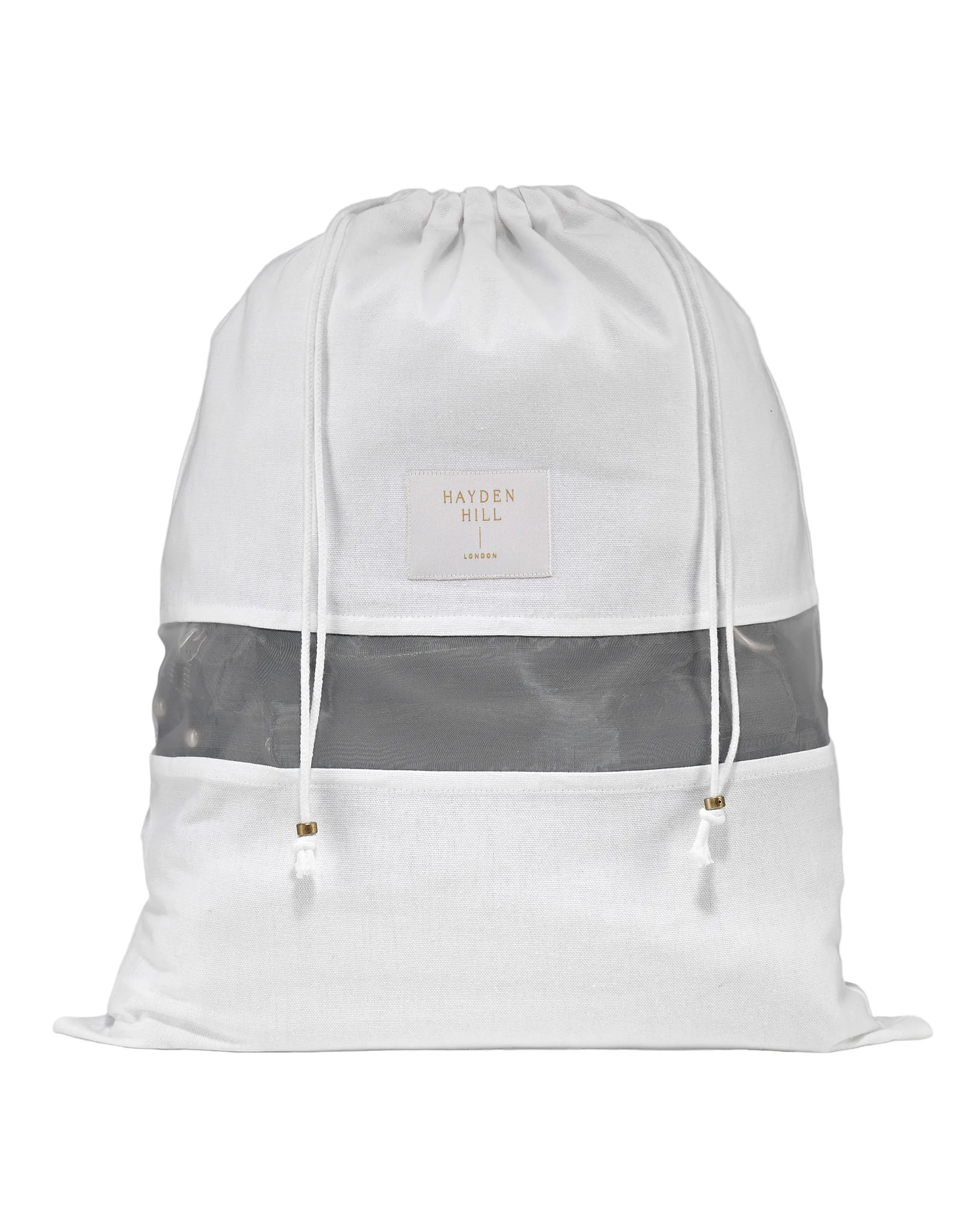 White drawstring bag with gray stripe and 'Hayden Hill' branding on a light gray background