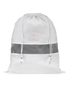 White drawstring bag with gray stripe and 'Hayden Hill' branding on a light gray background
