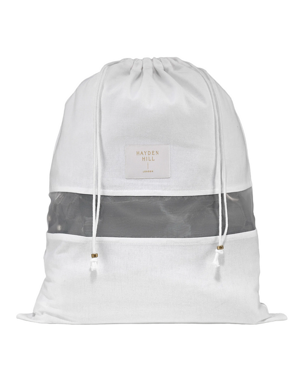 White drawstring bag with gray stripe and 'Hayden Hill' branding on a light gray background