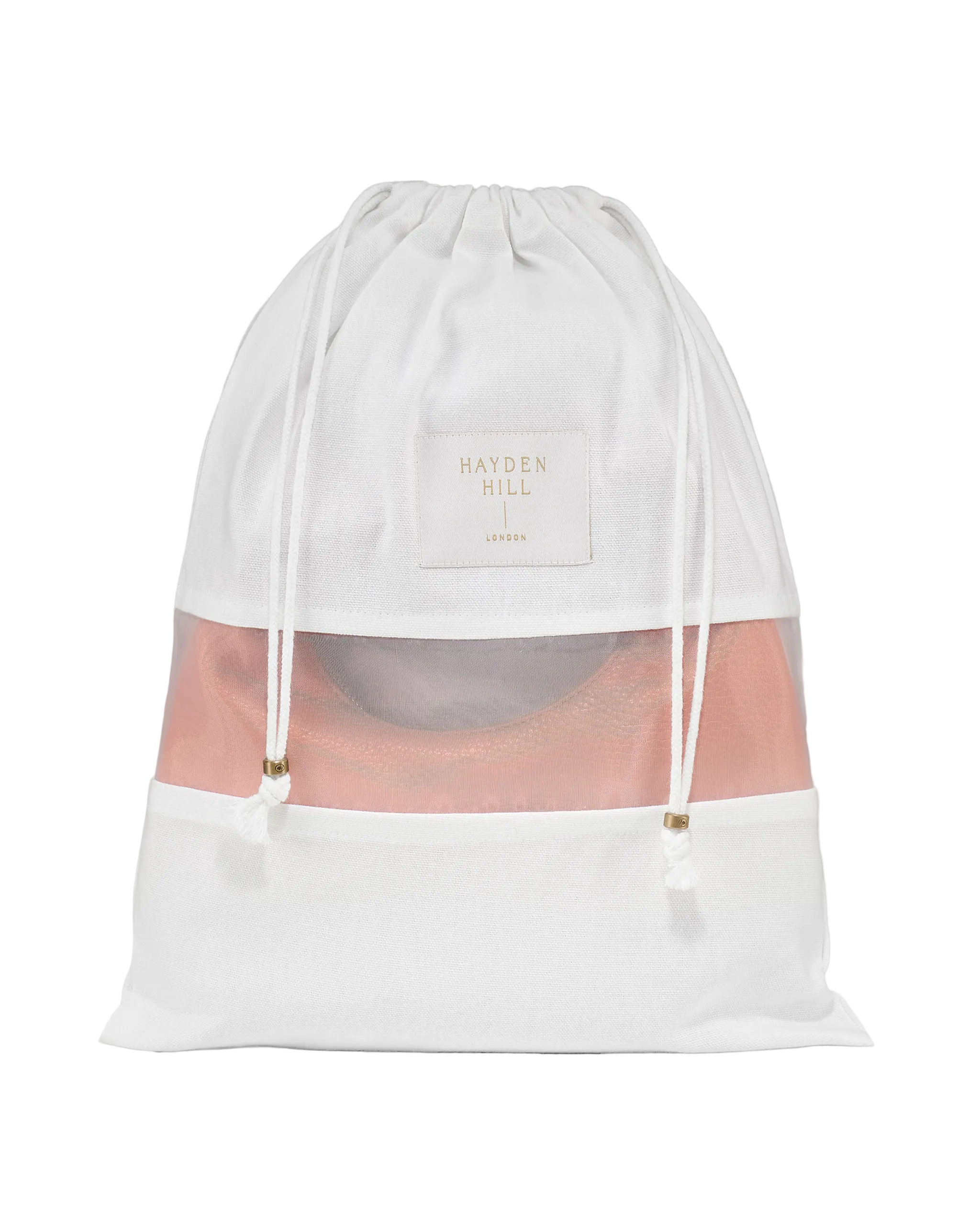 White drawstring bag with mesh front on a gray background