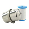 Stainless steel filter housing with a blue-lidded filter cartridge on a white background