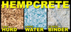 Hempcrete mixture with Hurd, water, and binder labels on a black background