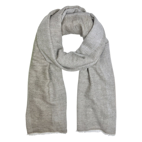 Gray herringbone patterned scarf on a white background