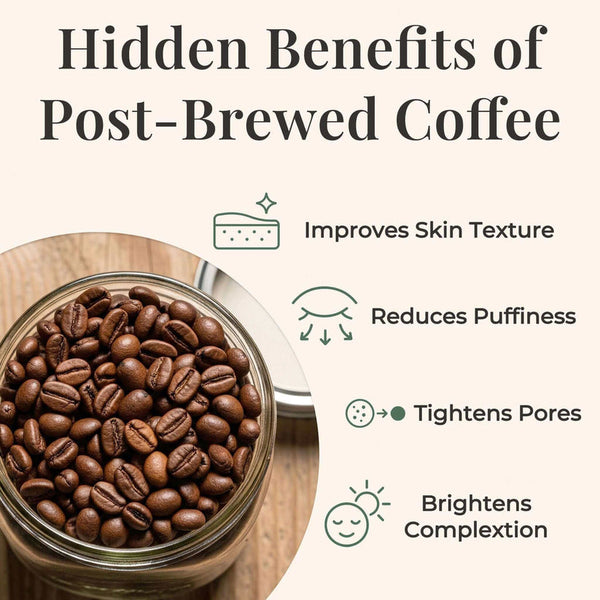 Jar of coffee beans with text about the benefits of post-brewed coffee on a white background