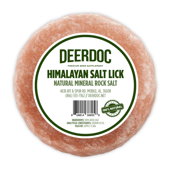 DeerDoc Himalayan salt lick mockup showing mineral block for deer antler growth and herd health