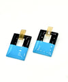 Pair of square-shaped earrings with blue, black, and beige colors on a white background