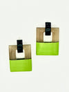 Pair of square-shaped earrings with green and brown color scheme on a white background