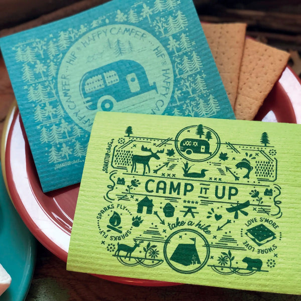 Soak iT Up Hip and Happy Camper dishcloth in use — compostable paper towel alternative for campers and outdoor lovers