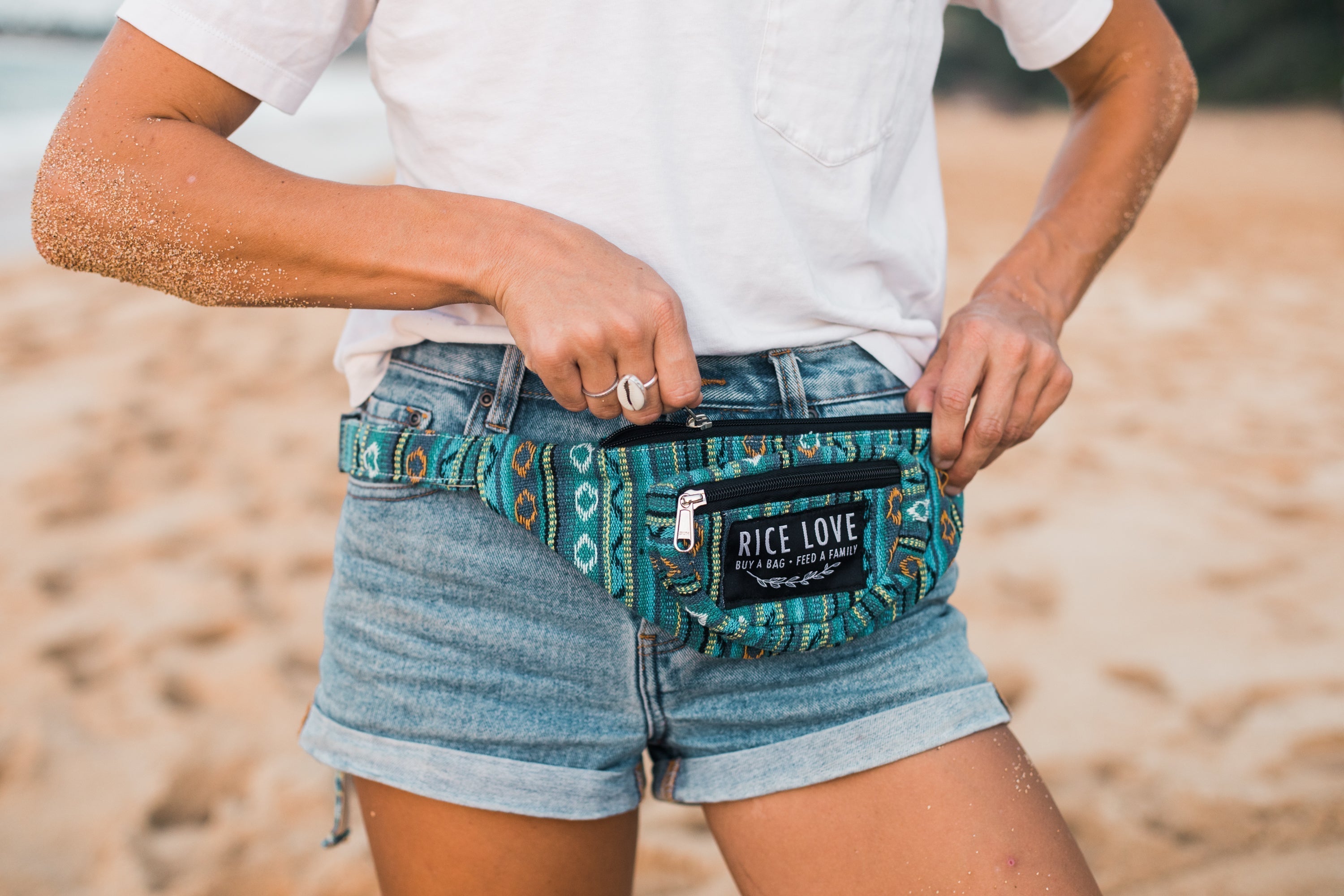 Rice Love Hip Pack shown with its fair trade, eco-friendly design details