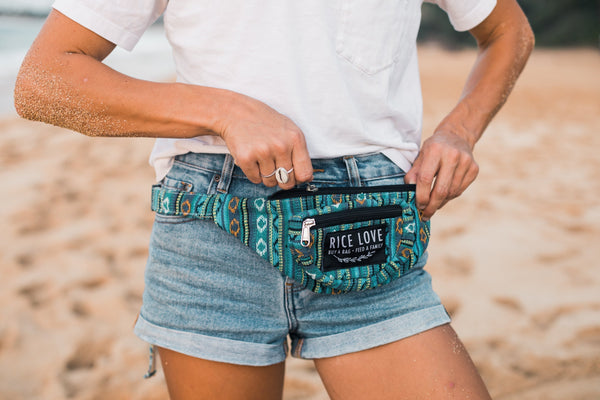 Rice Love Hip Pack shown with its fair trade, eco-friendly design details