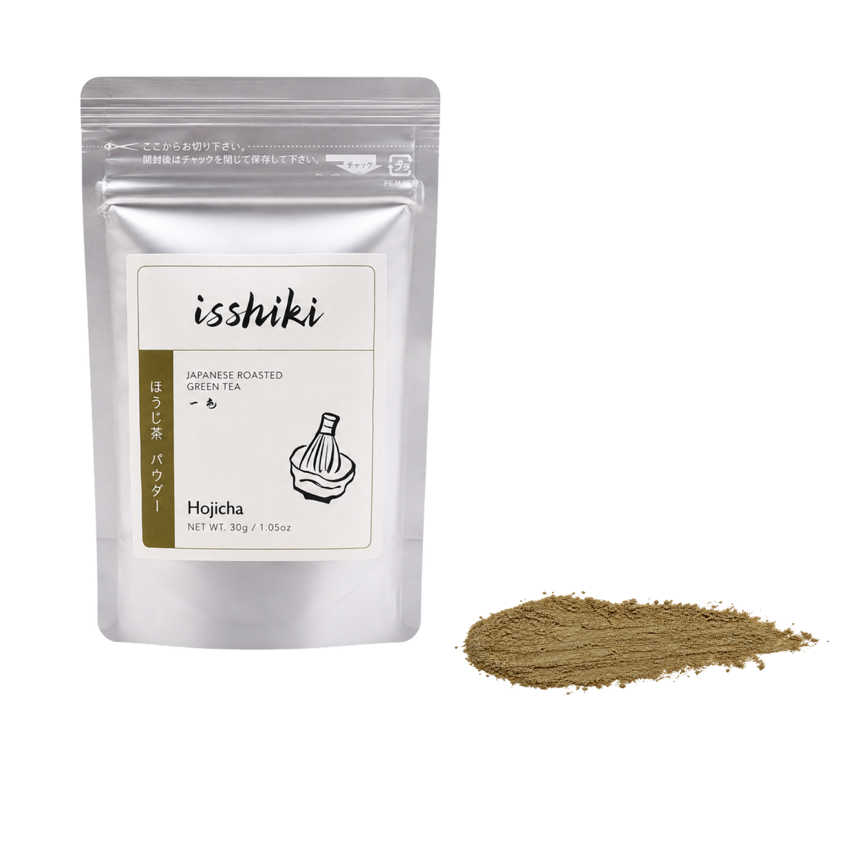 Hojicha Roasted Green Tea Powder pack from Isshiki Matcha with a smear of powder