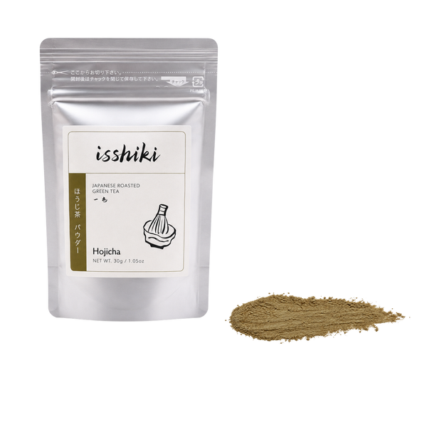 Hojicha Roasted Green Tea Powder pack from Isshiki Matcha with a smear of powder