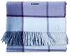 Plaid blanket with blue and white colors and fringes on a white background
