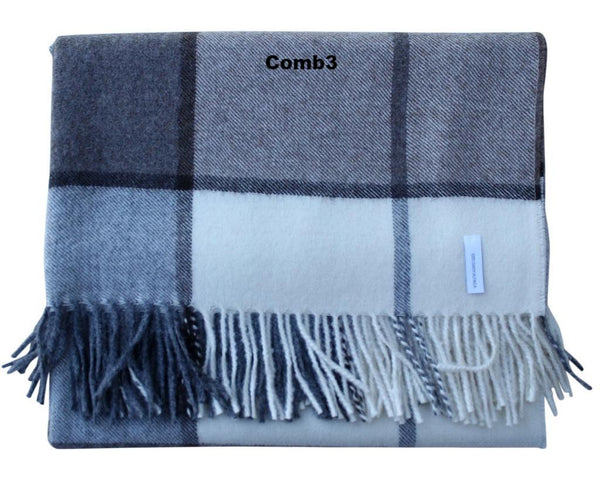 Plaid blanket with fringes and 'Comb3' branding on a white background