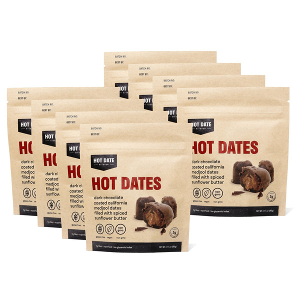 Hot Dates eight pack – dark chocolate Medjool dates with spiced sunflower butter and sea salt by Hot Date Kitchen