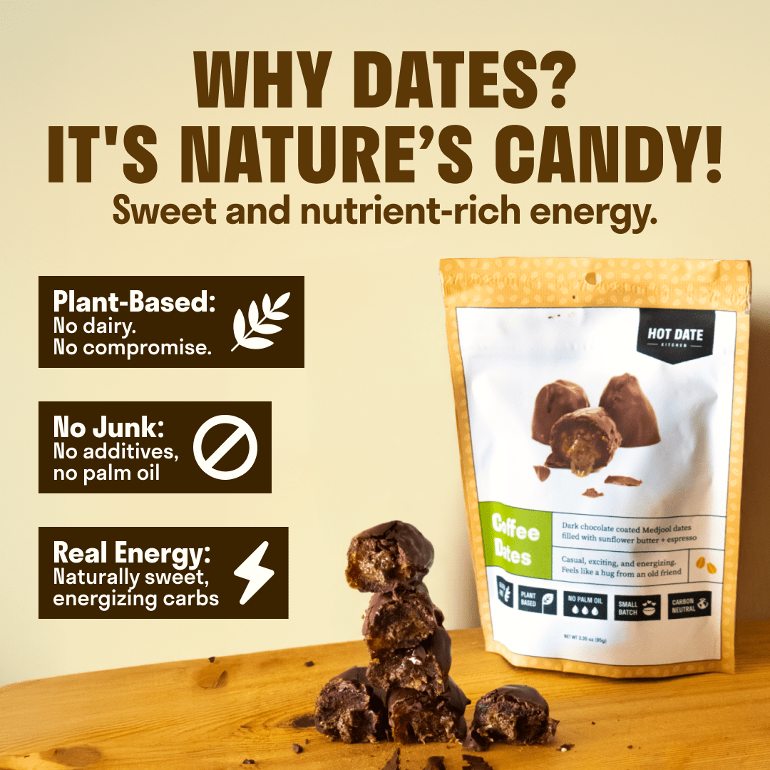 Single pouch of Hot Dates dark chocolate covered Medjool dates, handmade in Rhode Island