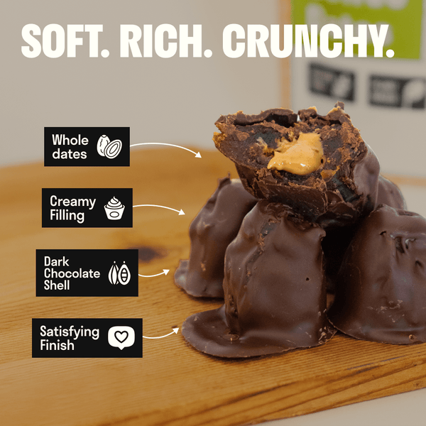 Close-up of Hot Dates dark chocolate Medjool date filled with spiced sunflower butter
