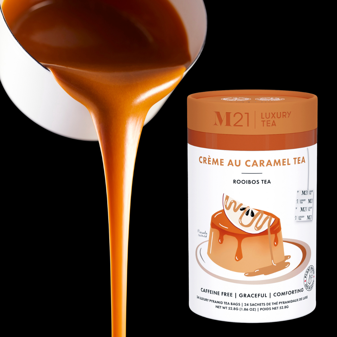 Caramel sauce being poured from a spoon next to a canister of M21 Luxury Tea Crème au Caramel Tea.