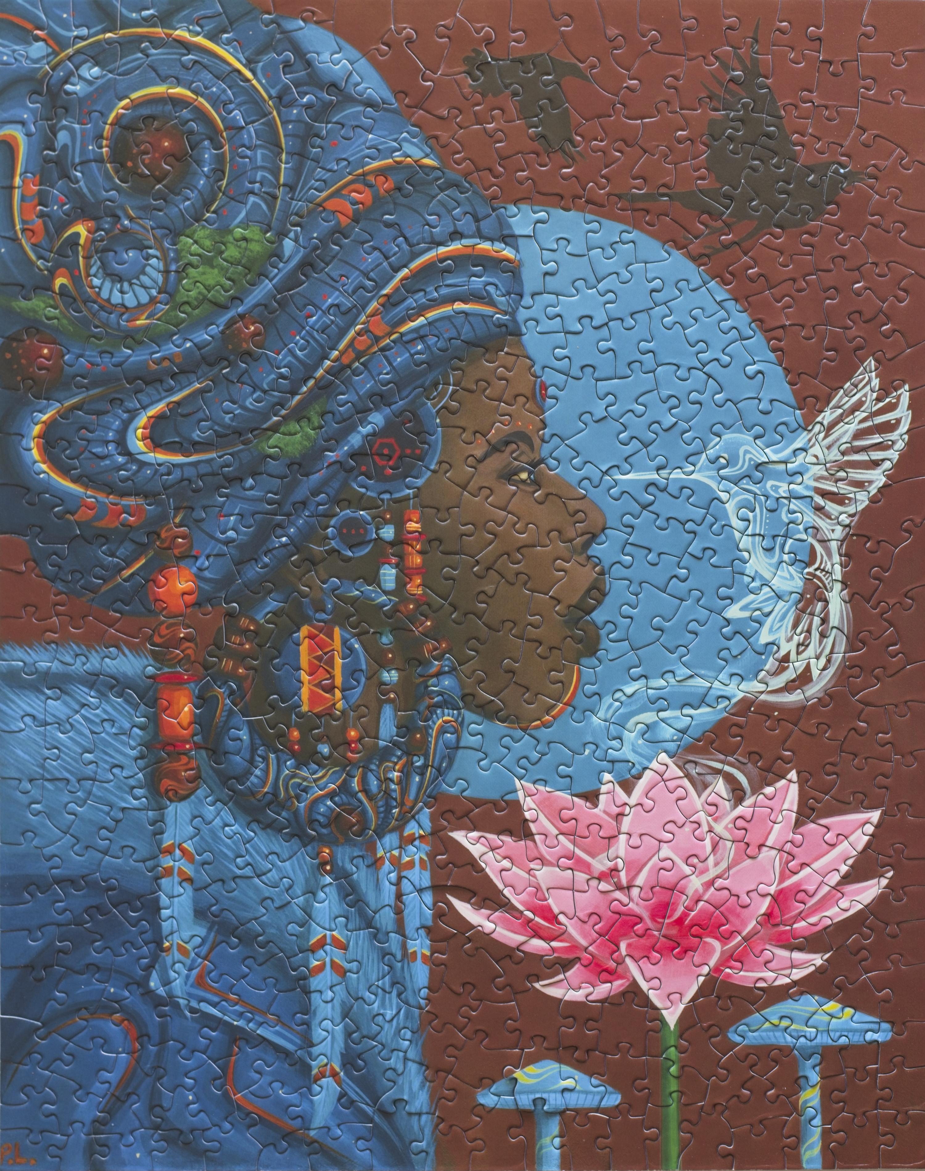 Completed Hummingbird Spirit 500-piece jigsaw puzzle with Afrofuturist artwork by Paul Lewin