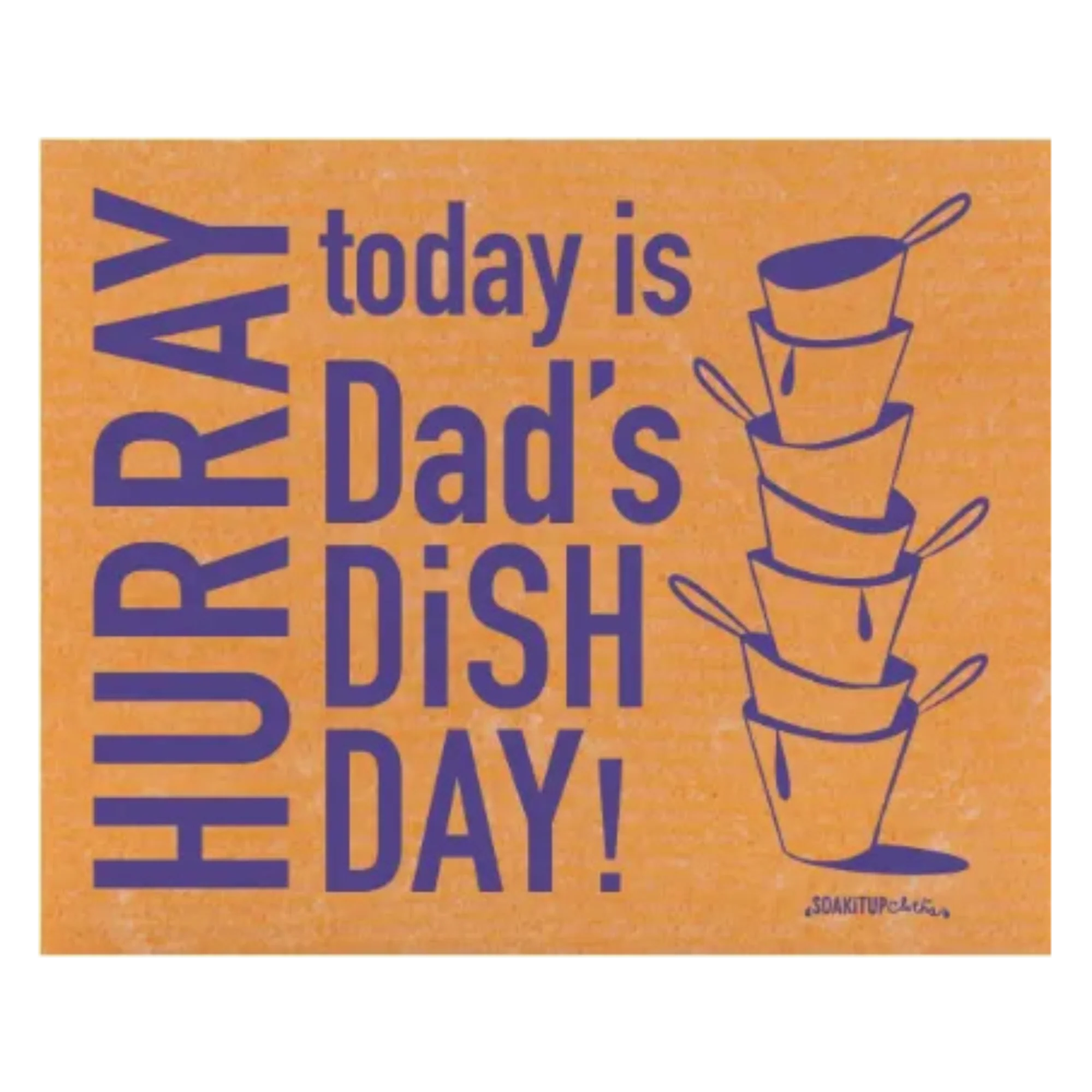 Hurray Today is Dad's Dish Day eco-friendly Swedish dishcloth gift set by Soak iT Up, unfolded to show reusable cleaning cloth design