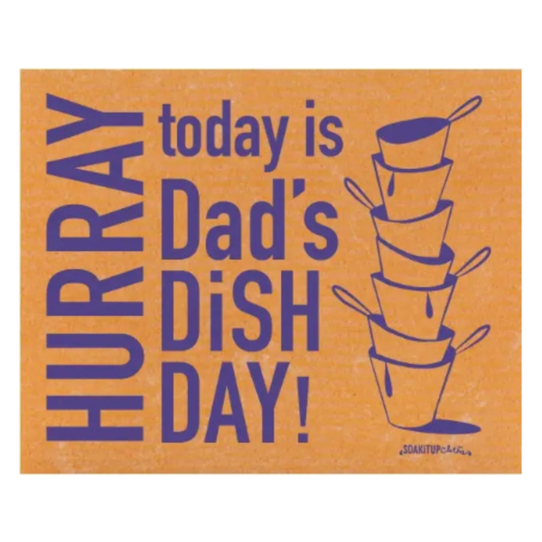 Hurray Today is Dad's Dish Day eco-friendly Swedish dishcloth gift set by Soak iT Up, unfolded to show reusable cleaning cloth design
