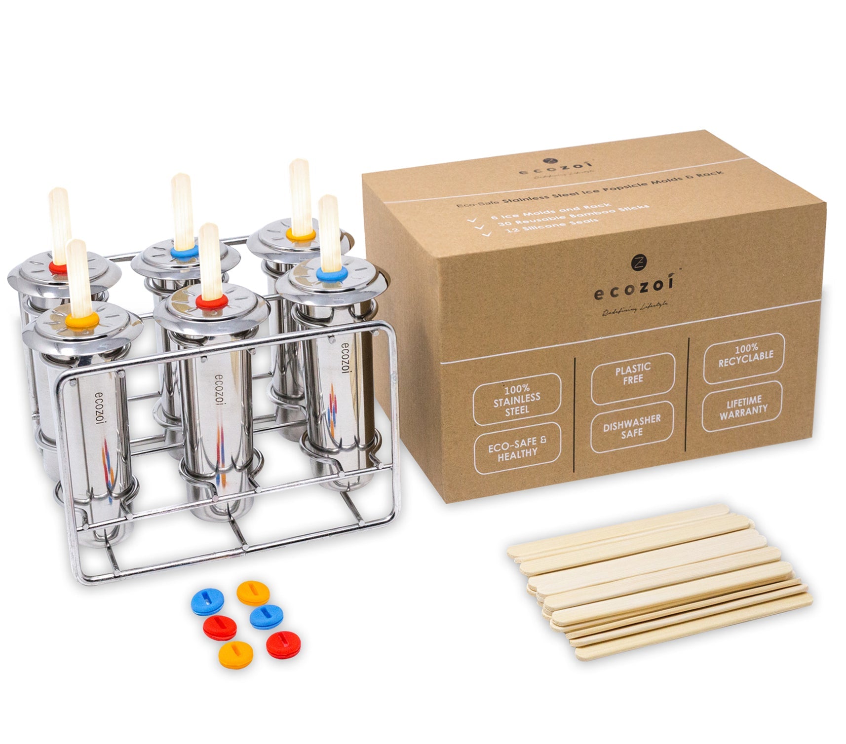 Shop eco-friendly Stainless Steel Popsicle Molds with Reusable Bamboo Sticks. Plastic-free, BPA-free, zero-waste design perfect for sustainable homemade frozen treats. Family-friendly & dishwasher safe.