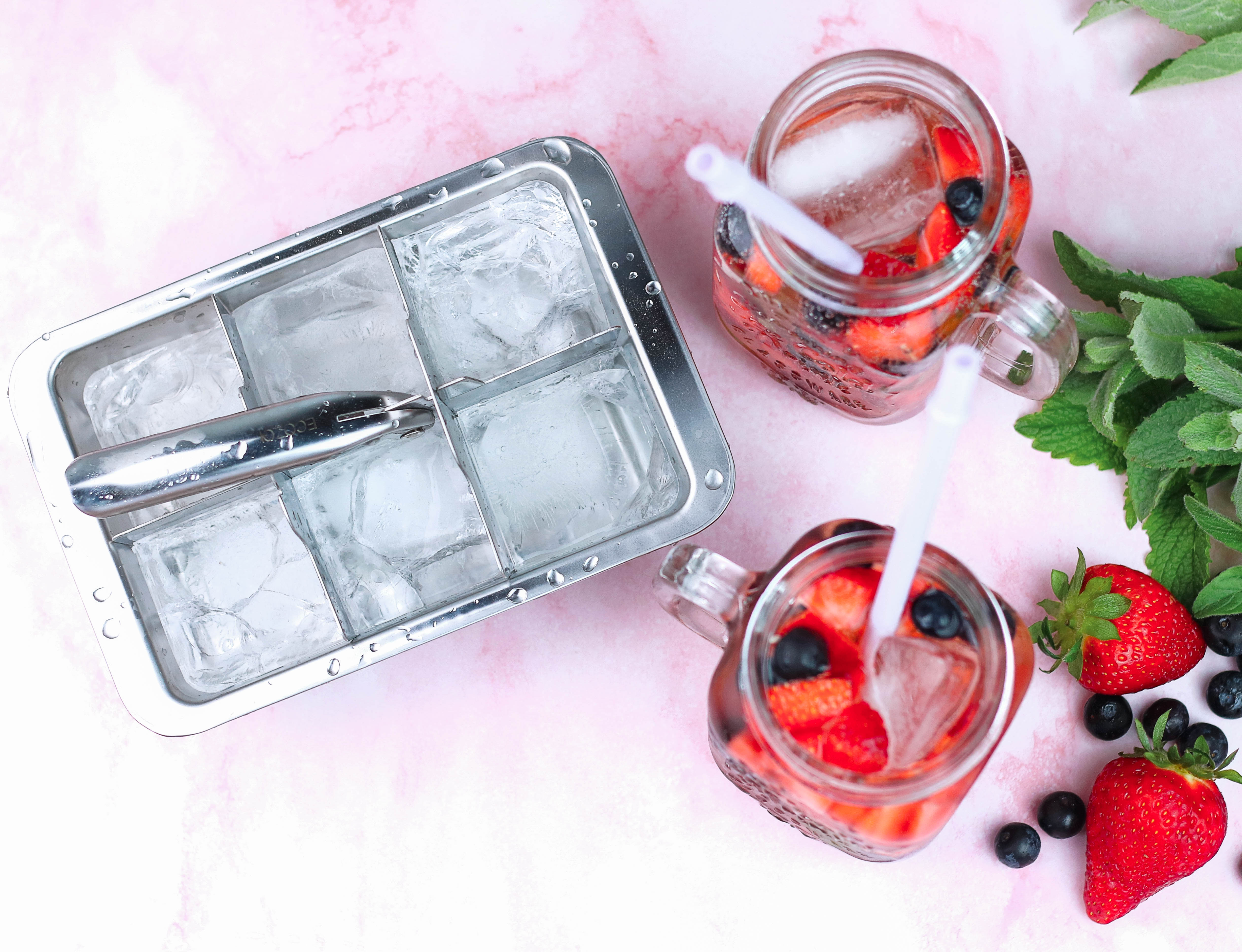 Close-up of Ecozoi stainless steel ice cube tray filled with water ready to freeze