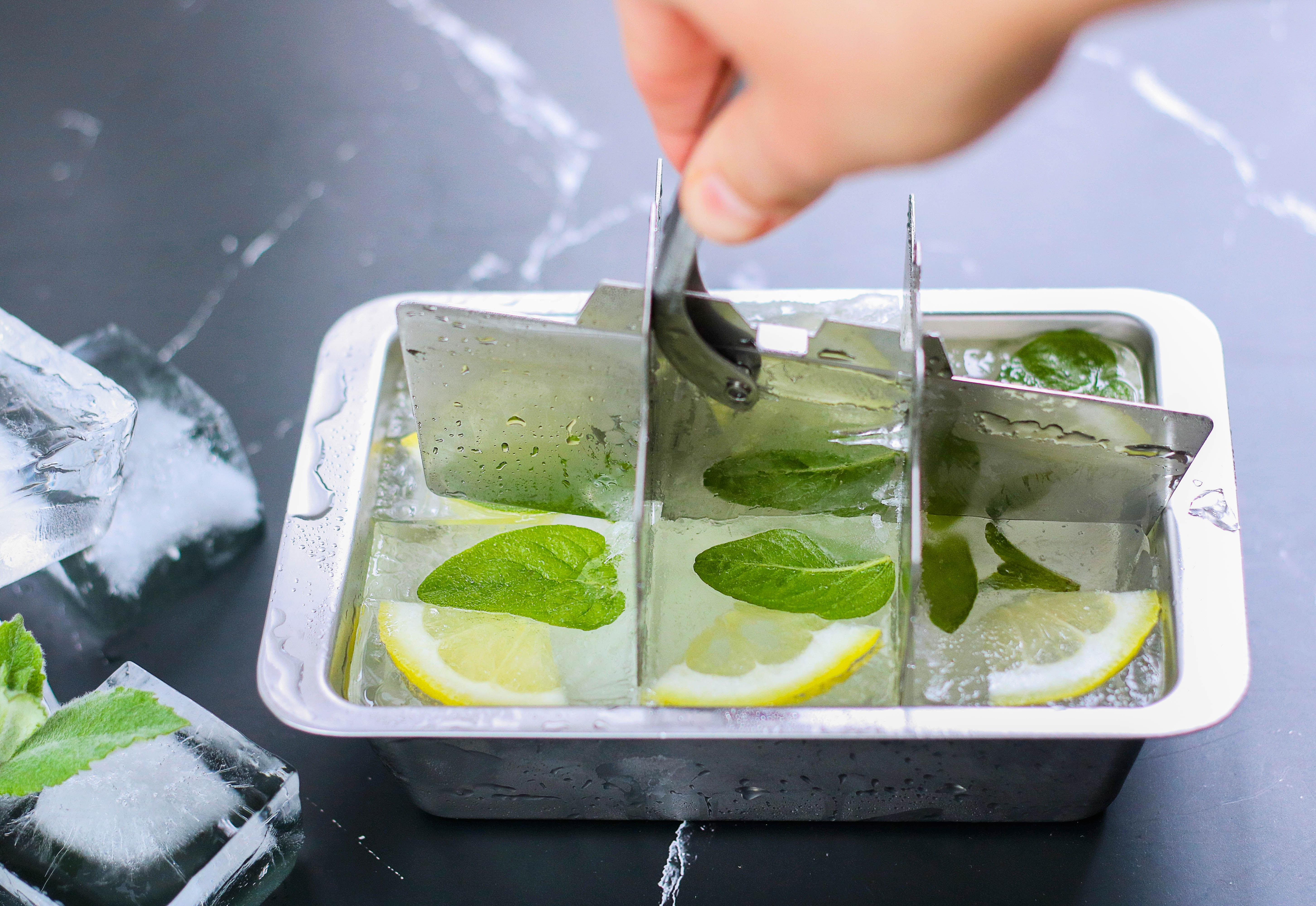 Two Ecozoi BPA-free stainless steel ice cube trays on black background showing large cube size