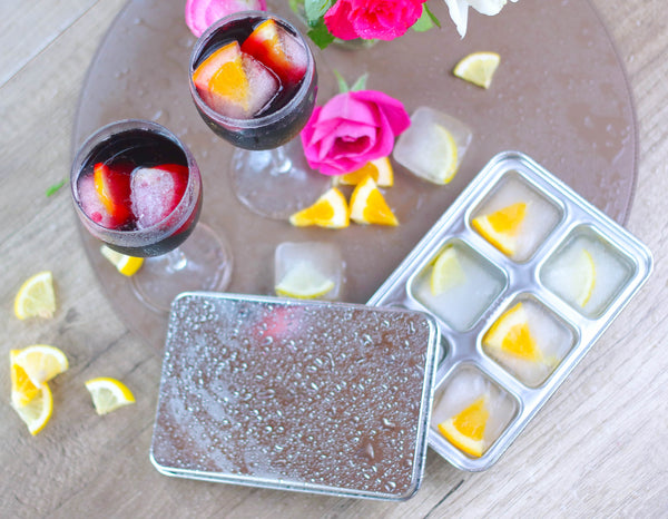 BPA-free stainless steel ice cube trays stacked showing compact freezer-friendly design