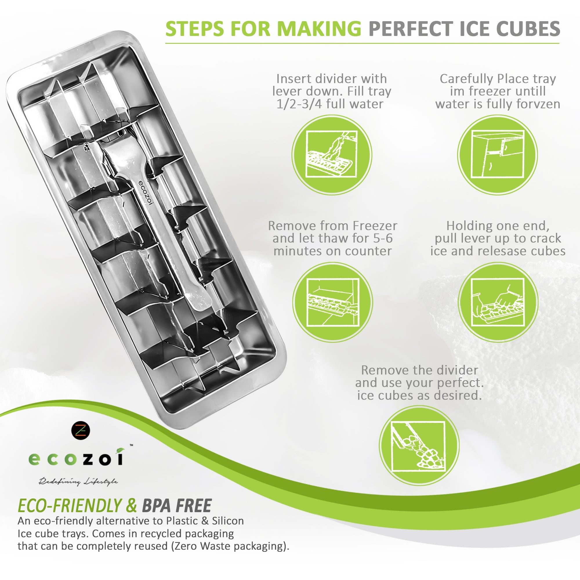 Ecozoi vintage-style stainless steel ice tray with easy release handle — food-grade 18/8 steel