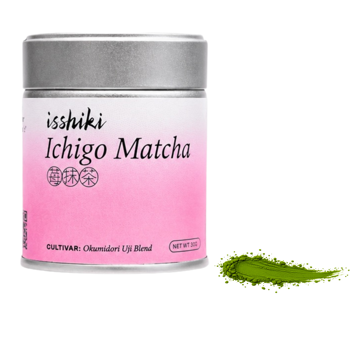 Ichigo Matcha premium matcha powder tin by isshiki matcha with a smear of green powder