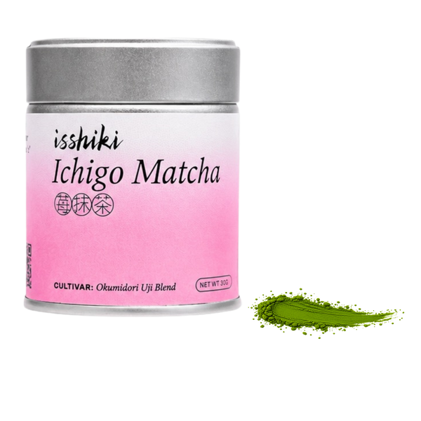 Ichigo Matcha premium matcha powder tin by isshiki matcha with a smear of green powder