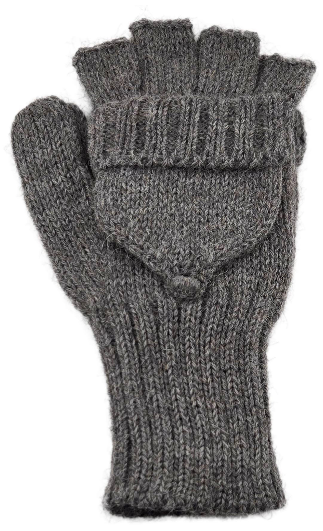 Gray knitted glove with a bobble on a white background