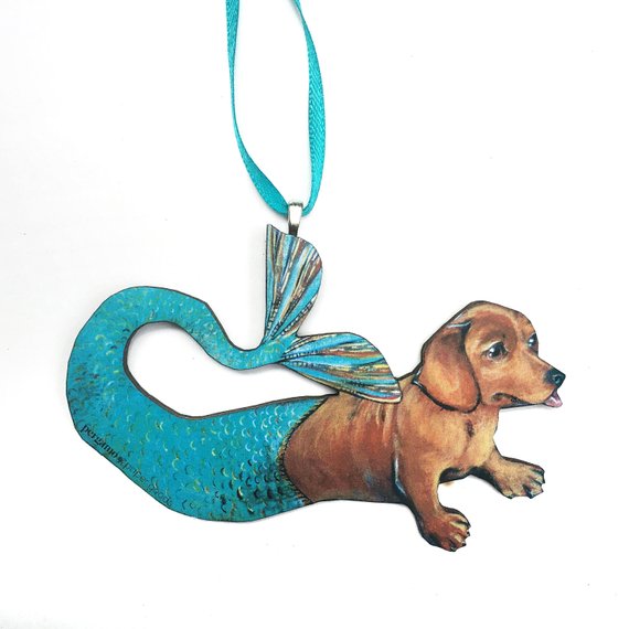 Mermaid Dachshund Ornament: Eco-friendly, handmade in USA. Whimsical dog Christmas ornament. Shop now! 