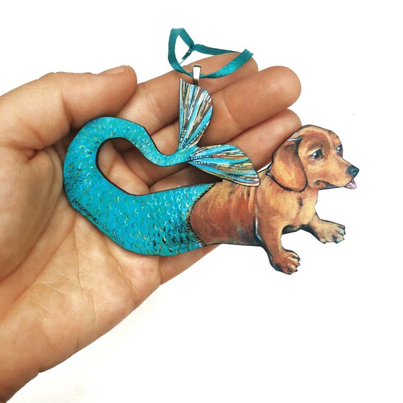 Mermaid Dachshund Ornament: Eco-friendly, handmade in USA. Whimsical dog Christmas ornament. Shop now! 