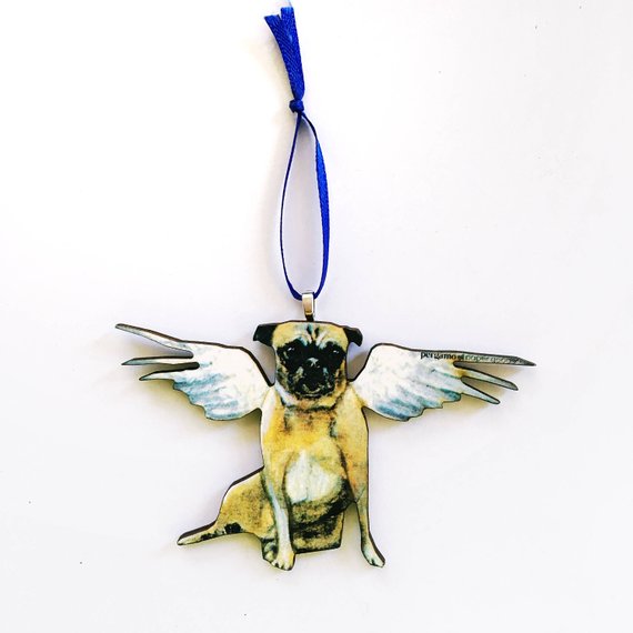Angel Pug Ornament: Eco-friendly, handmade in USA. Whimsical dog Christmas ornament. Shop now! 