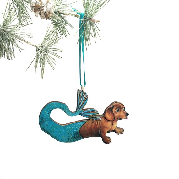 Mermaid Dachshund Ornament: Eco-friendly, handmade in USA. Whimsical dog Christmas ornament. Shop now! 