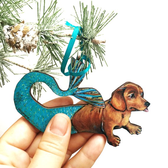 Mermaid Dachshund Ornament: Eco-friendly, handmade in USA. Whimsical dog Christmas ornament. Shop now! 