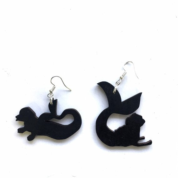 Mismatched Mermaid Dog Earrings: Eco-friendly, recycled wood, handmade in USA. Pug & Dachshund designs! Shop now!
