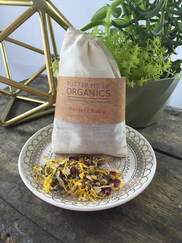 Organic baby bath tea sachet by Butter Me Up Organics — a natural, soothing gift for newborns and sensitive skin