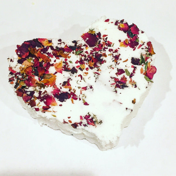 Organic rose heart bath bomb with dried rose petals by Butter Me Up Organics