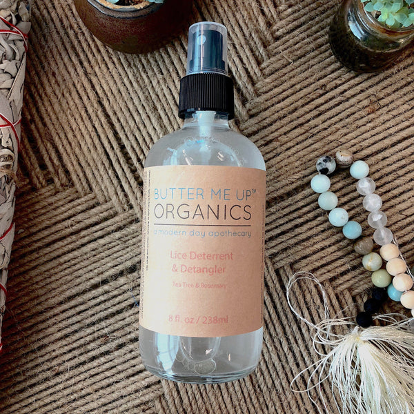 Butter Me Up Organics organic lice deterrent and detangler spray with tea tree oil in sustainable packaging