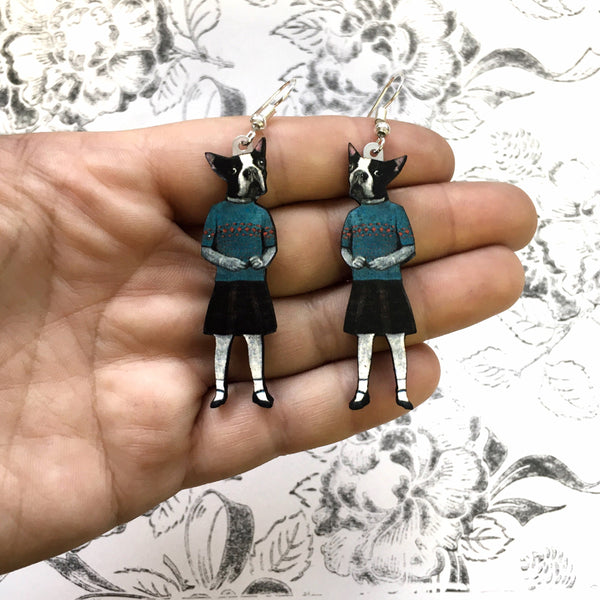 Boston Terrier Dog Earrings: Eco-friendly, recycled wood, handmade in USA. Show your love for Boston Terriers! Shop now!