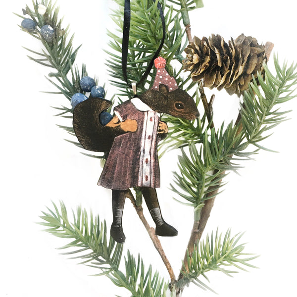 Squirrel Christmas Ornament: Eco-friendly, handmade in USA. Whimsical collage art by Gianna Pergamo. Shop now!  pen_spark