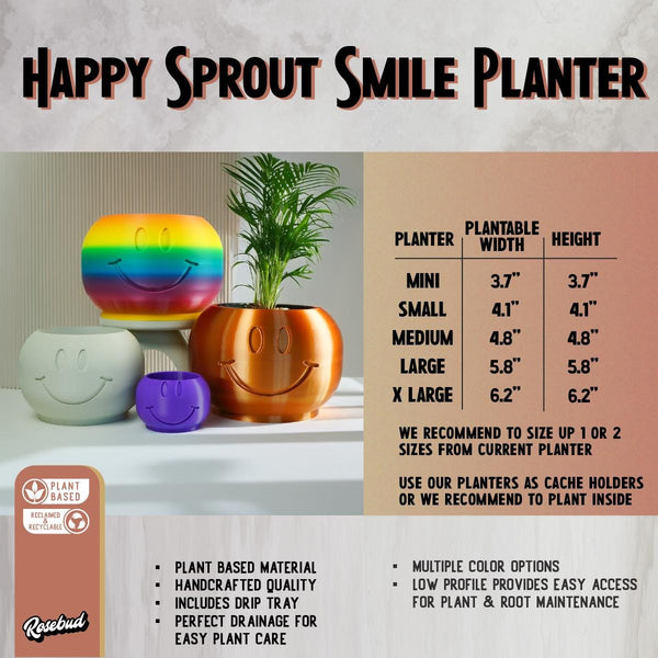 Multiple smiley face plant pots in different sizes displayed on a shelf with houseplants