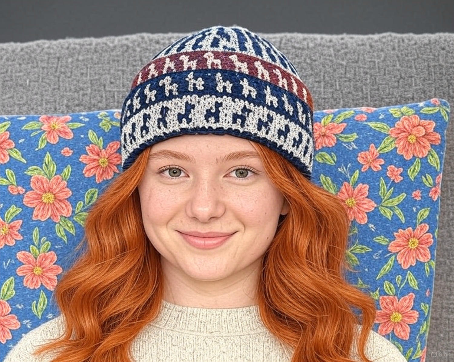 Close-up of vibrant alpaca band pattern on a baby alpaca knit beanie hat