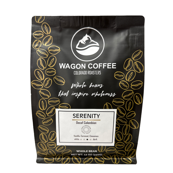 Wagon Coffee Decaf Serenity organic Colombian medium roast decaf coffee bag with vanilla caramel and cinnamon tasting notes
