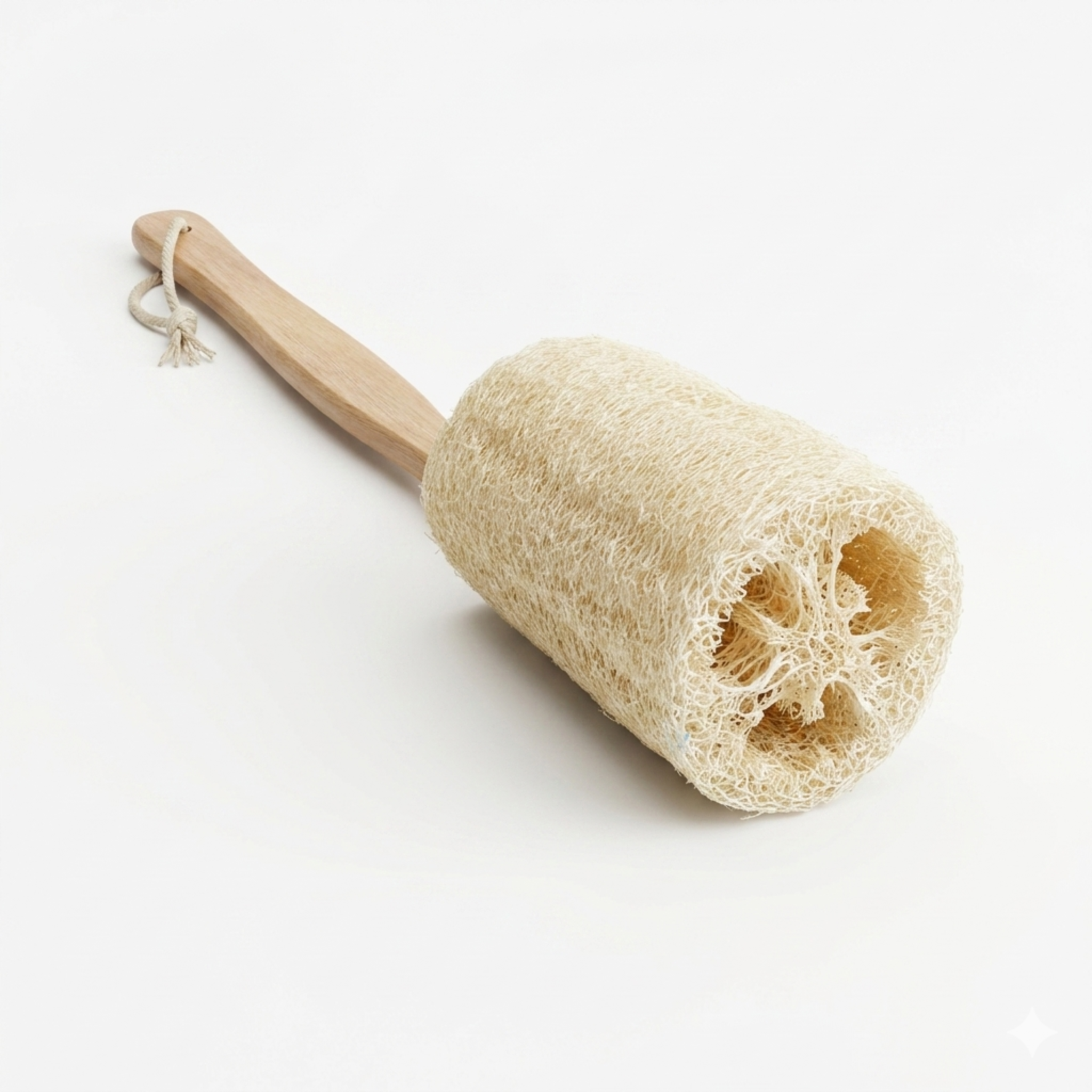 Natural loofah brush with wooden handle on a white background