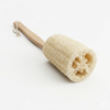 Natural loofah brush with wooden handle on a white background