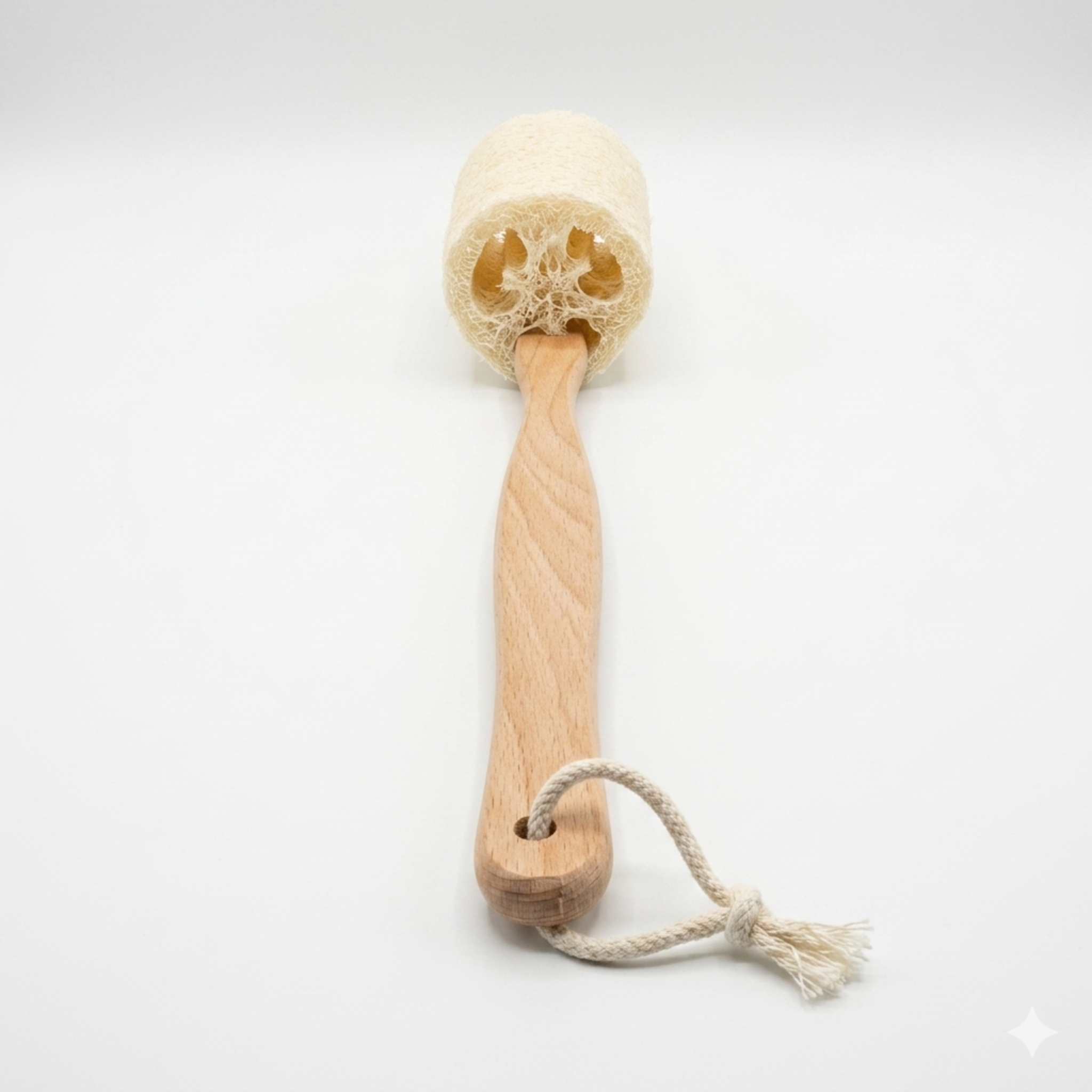 Wooden back scrubber with a natural loofah on a white background